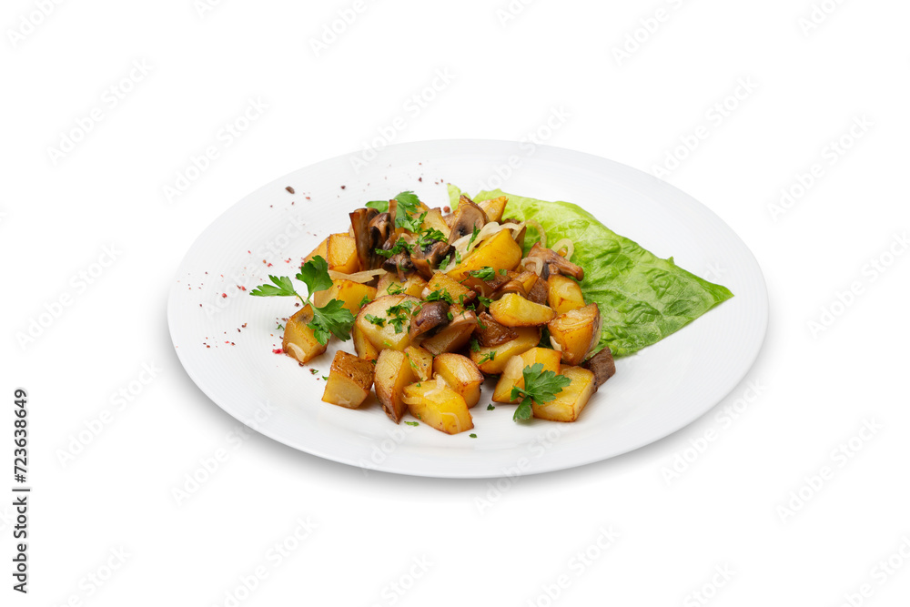 Fried potatoes with mushrooms on a plate, isolated Fried potatoes with mushrooms on a plate, isolated
