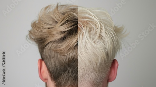 Conceptual split image of the same person with dyed blonde and natural brown hair