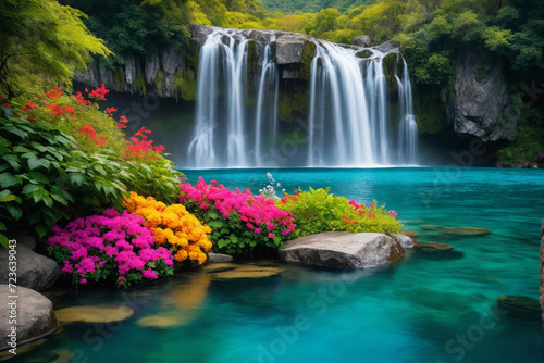 A body of water with a waterfall in the middle of it and colorful flowers on the side of the water and a rock in the middle of the body of the water © Giuseppe Cammino