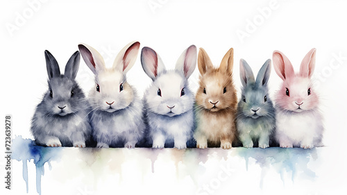 a group of watercolor rabbits isolated on a white background  illustration for children