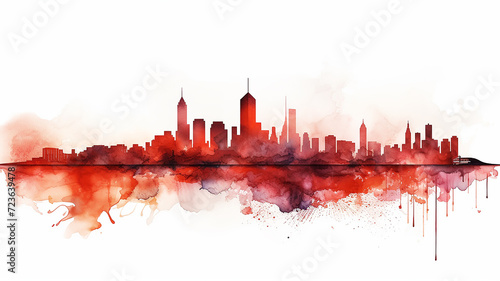 red silhouette of the city, illustration on a white background, cityline liquid paint, insulated print