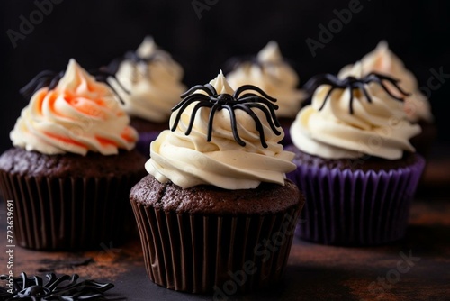Halloween-themed cupcakes with cream frosting, shown in closeup. Generative AI
