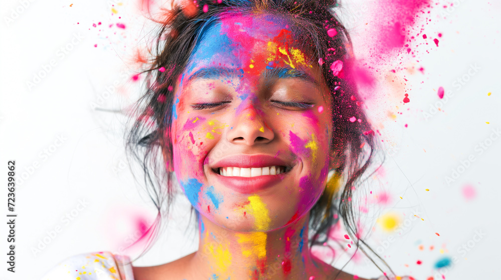 Indian Holi festival, featuring a girl joyfully immersed in bright colors against a clean white background