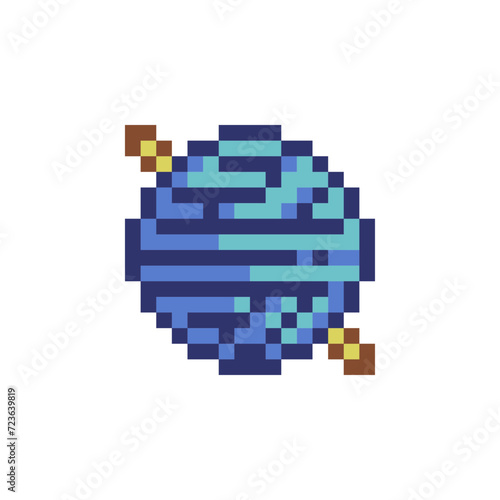 Knitting wool ball with needles. Symbol, logo needlework. Pixel art icon. 8-bit. Isolated vector illustration.