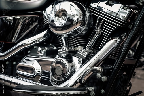 Silvery new motorcycle engine closeup. Metallic radiant motorbike machinery gear. Generate ai