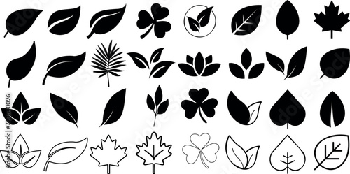 Leaf silhouettes, vector collection, diverse leaves shapes, nature elements. Ideal for eco friendly brand aesthetics, botanical illustrations, educational materials, artistic designs, decorations. photo