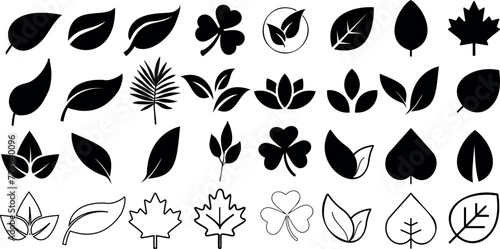 Leaf silhouettes, vector collection, diverse leaves shapes, nature elements. Ideal for eco friendly brand aesthetics, botanical illustrations, educational materials, artistic designs, decorations.