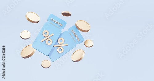 3d rendering of promotion sale with gifts and bag shoping , coupons, phone , on minimal blue gold background. flash sale , Mega sale special offer, discount sale podium .