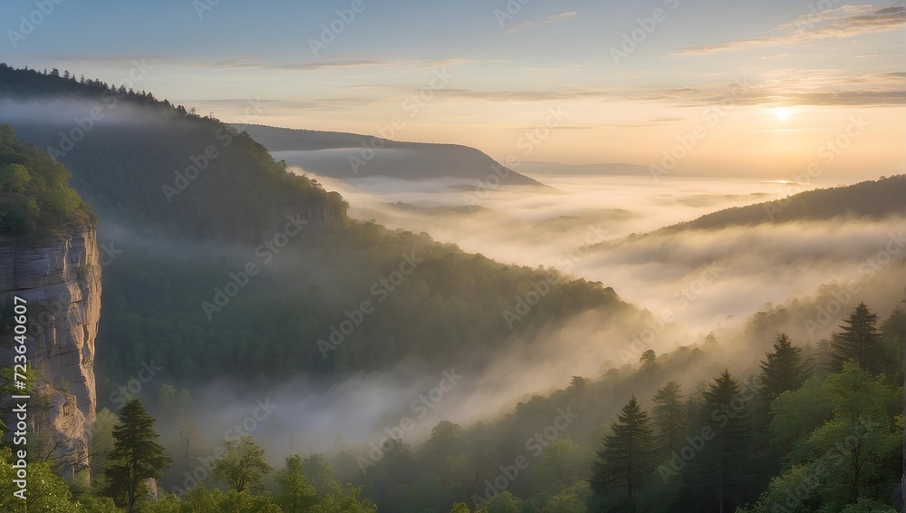 Cliffside view of a forested valley, foggy dawn. generative AI Cliffside view of a forested valley, foggy dawn. generative AI