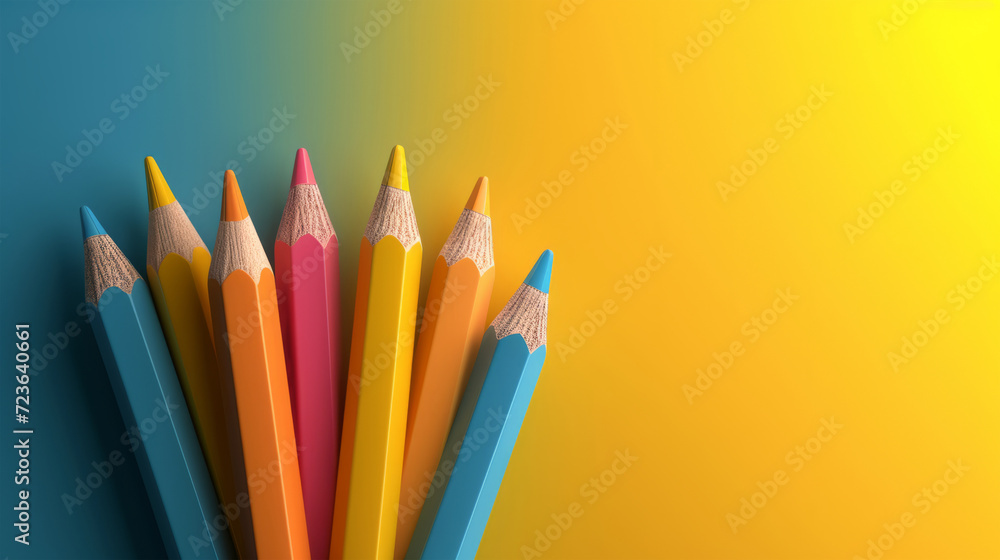 Fototapeta premium 3d colored pencils on a colored background copy space