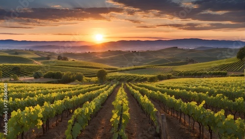 Vineyard rows at sunset, rolling hills in the background. generative AI