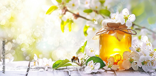 Flower honey on a wooden background surrounded by bees and cherry blossoms on a summer sunny day. Poster, banner for packaging with place for text. Beekeeping and sweet organic products concept