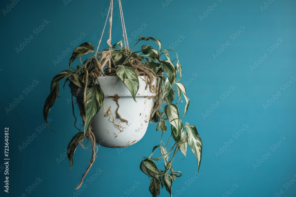 Neglected dying plant. Hanging potted flower with dried leaves. Generate ai - obrazy, fototapety, plakaty 