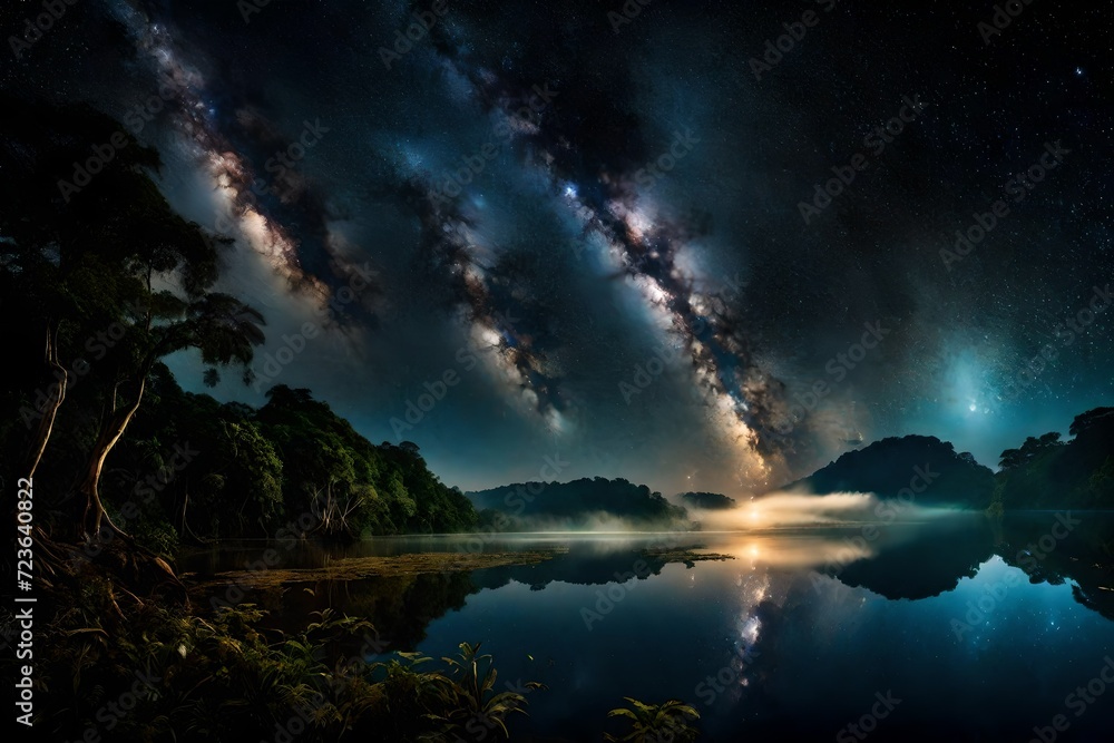 A serene Amazon River under a blanket of stars; the celestial tapestry paints the night sky, adding a surreal dimension to the landscape.