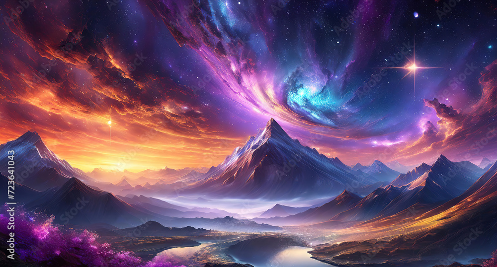 Attractive Fantasy galaxy illustration. Cosmic art, Deep space with glowing stars, Sci-fi