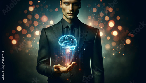 Un homme tient un cerveau dans ses mains , idéal pour article, blogs traitant de : l' intelligence artificielle, Piraterie, sécurité informatique, virus, hacker, hacking, pirate