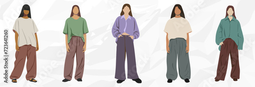 5 verschiedene Frauen Illustrationen ohne Gesicht mit Oversize Kleidung Vektor Grafik Bündel