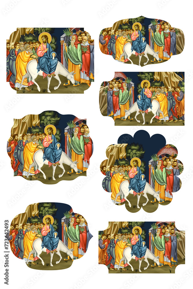 Palm Sunday. Jesus' triumphal entry into Jerusalem. Deep blue religious gift tags in Byzantine style on white background