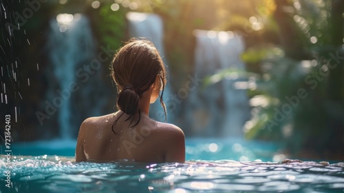Side view portrait of a young woman in bikini relaxing floating in spa pool © PaulShlykov