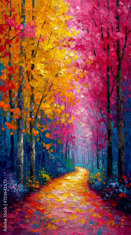 Autumn landscape with path in the forest. Oil painting on canvas.