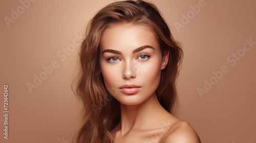 Portrait of a beautiful smiling young woman with perfect shiny skin and bare shoulders on beige background. Beautiful natural woman looking at camera. Spa, skincare and wellness concept.