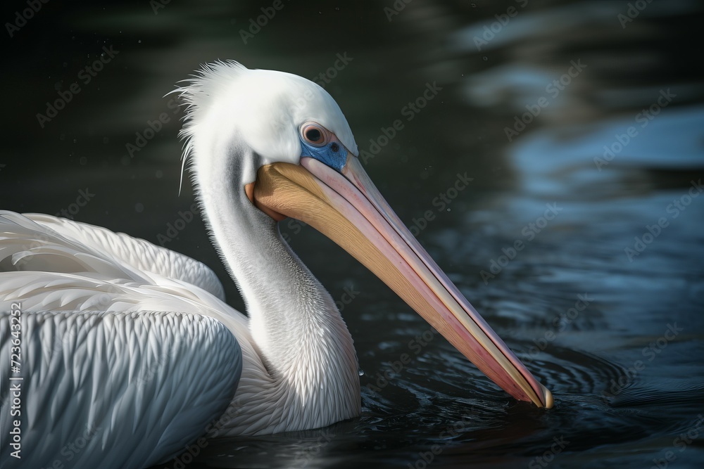 Pelican white bird on water closeup. Natural aquatic delta lake fauna. Generate ai Pelican white bird on water closeup. Natural aquatic delta lake fauna. Generate ai