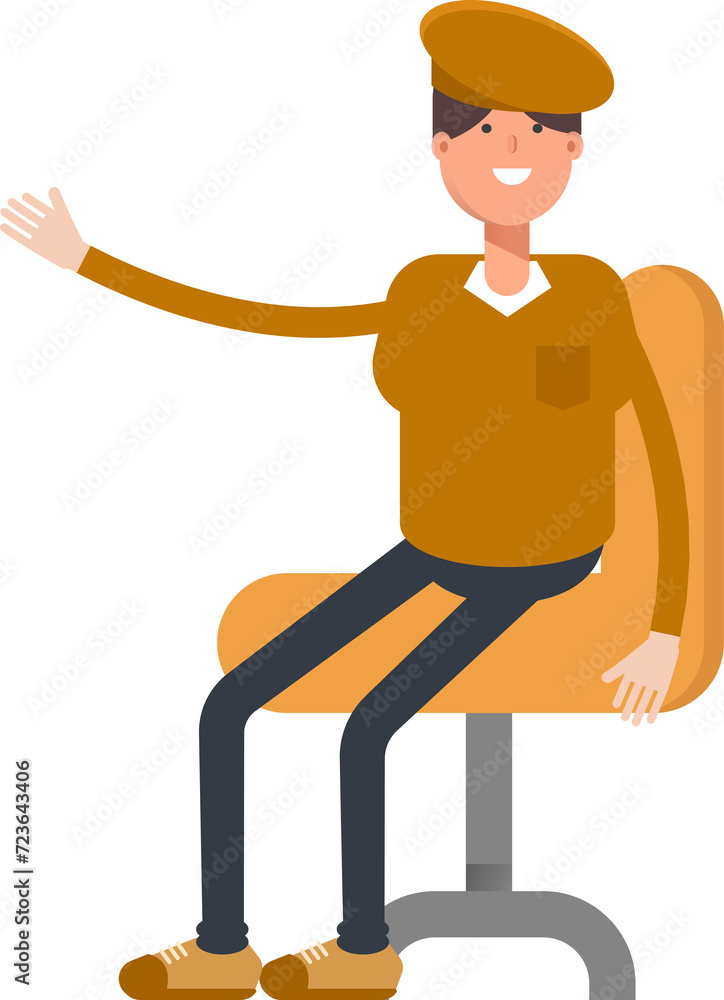 Boy with Cap Character Sitting on Office Chair
