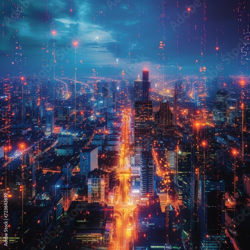 A stunning digital painting of a futuristic cityscape at night with glowing red particles falling from the sky © Adobe Contributor