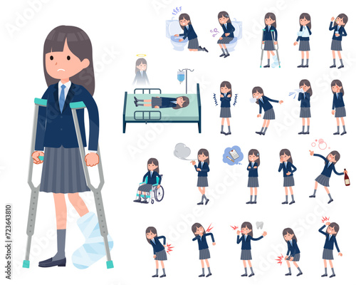 怪我や病気の状態の紺ブレザー女子学生のセット