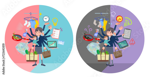 オフィスとプライベートでマルチタスクをこなす紺ブレザー女子学生のセット