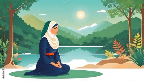 Muslim woman praying in the morning near lake  photo