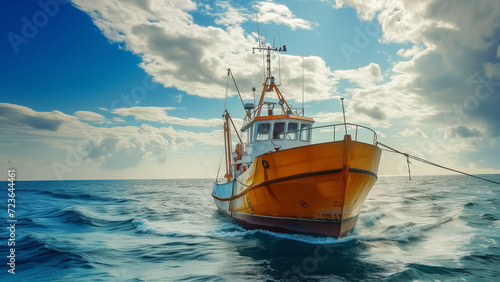 Rejuvenated Seascape: A Fishing Boat under the Azure Sky