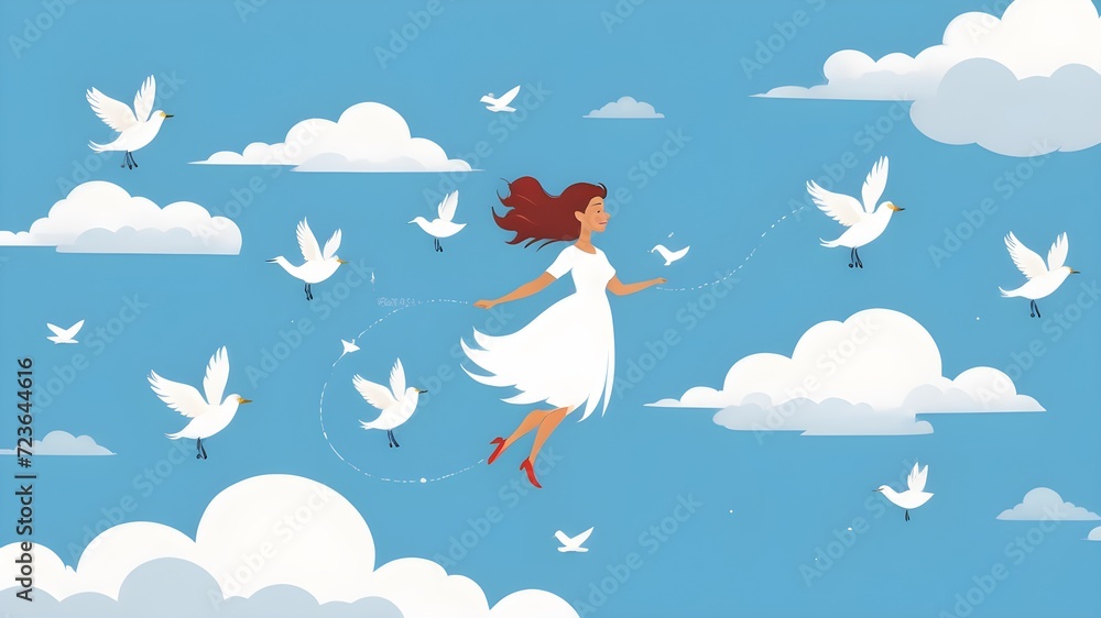 illustration of girl flying in the clouds with birdsFreedom in Flight illustration of girl flying in the clouds with birdsFreedom in Flight