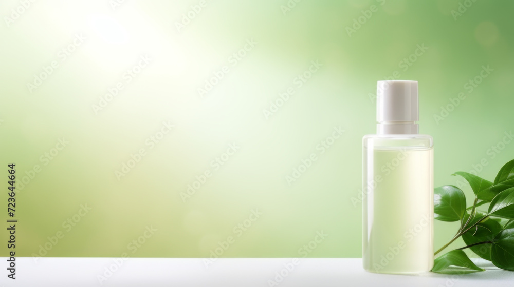 Cosmetic bottle with tropical leaves on the green background with copy space Cosmetic bottle with tropical leaves on the green background with copy space