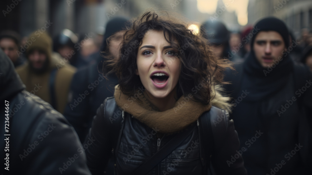 A young woman shouts a cry against the backdrop of a crowd of people A young woman shouts a cry against the backdrop of a crowd of people