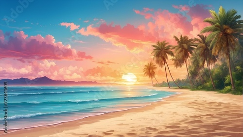 Sandy beach with tropical palm trees, sunset view. generative AI © Zohaib