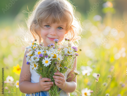 Portrait of a little girl with wildflowers in the meadow