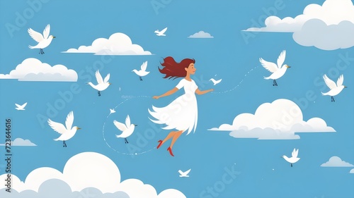 illustration of girl flying in the clouds with birdsFreedom in Flight