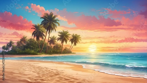 Sandy beach with tropical palm trees, sunset view. generative AI