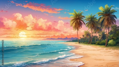Sandy beach with tropical palm trees, sunset view. generative AI