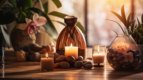 Spa, aromatherapy and candles on table for zen, calm and peace to relax for health and wellness. photo