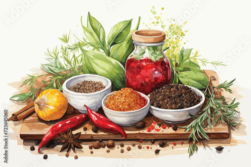 Kitchen herbs and spices set. Olive oil, rosemary, garlic, chili pepper, bay leaf, peppercorns, mortar and mill.
