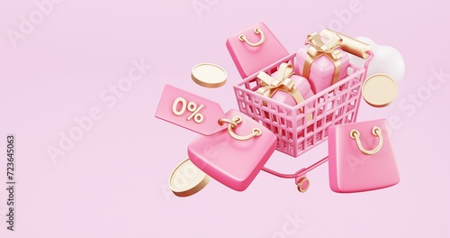 Valentine s Day Sale   online shopping   promotion sale with gifts and bag shopping on minimal pink gold background   product display and Heart. web poster  flyer   3d rendering