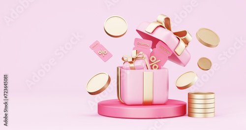 Valentine's Day Sale , online shopping , promotion sale with gifts and bag shopping on minimal pink gold background , product display and Heart. web poster, flyer , 3d rendering