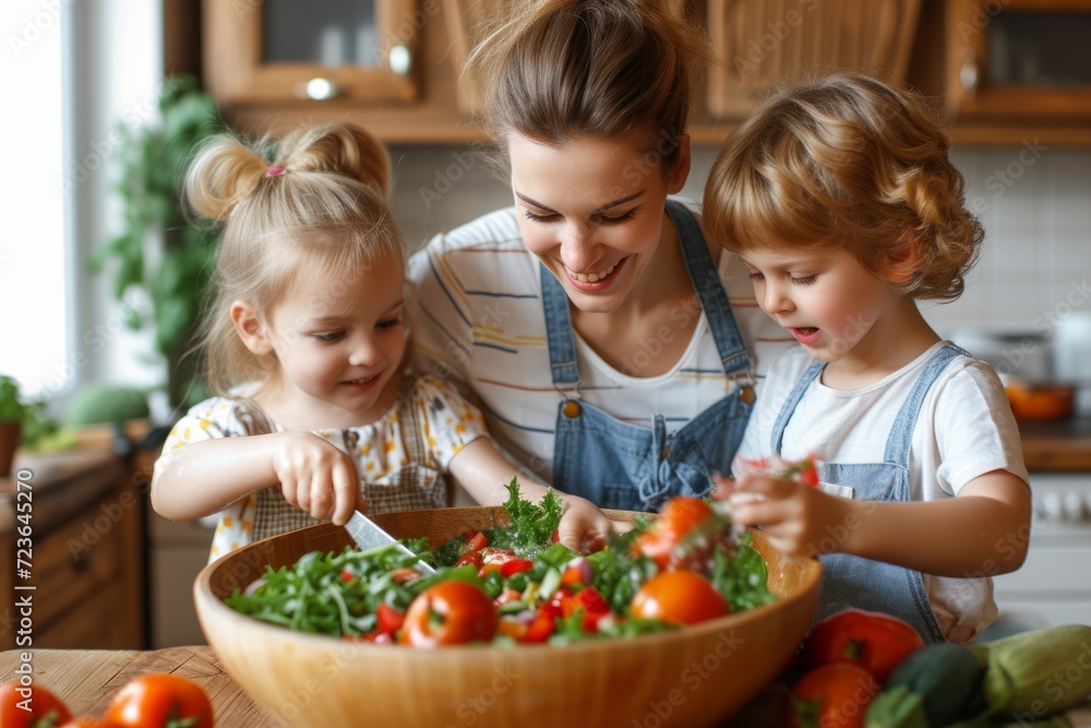 Happy family of three preparing a healthy salad together in the kitchen. Happy family of three preparing a healthy salad together in the kitchen.