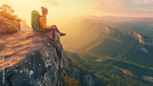 Girl sitting on the top of mounting and enjoying yellow sunrise above sea. Hiking woman in khaki jacket relaxing on the cliff looking at a beautiful sunlit landscape. Green valley in sunlight photo