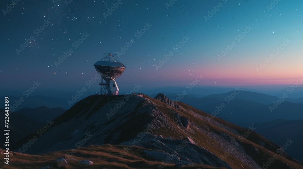 Radio telescopes and the Milky Way at night. - obrazy, fototapety, plakaty 