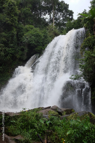 Beautiful Waterfall on the mountain and stream flowing on the rock of tropical rain forest in national park at Thailand