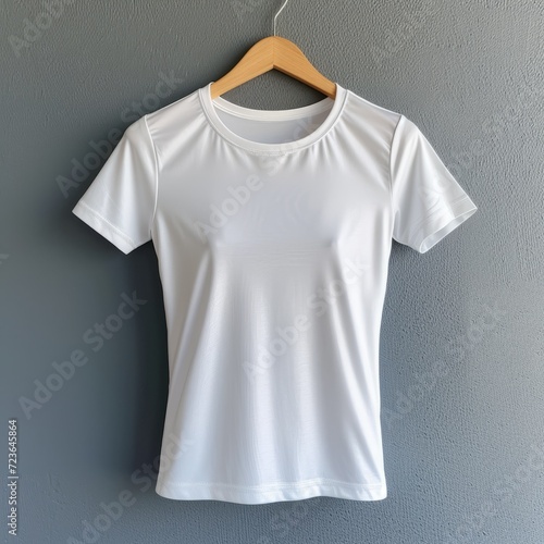White T-shirt on a hanger against a gray background