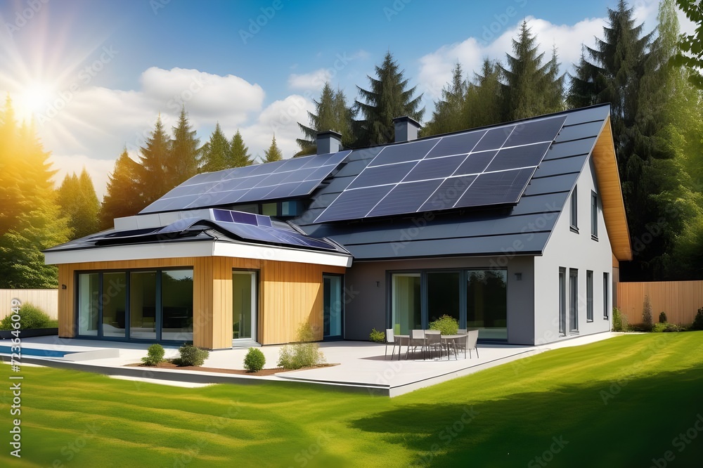 New suburban house with a photovoltaic system on the roof New suburban house with a photovoltaic system on the roof